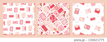 Seamless pattern with love mail in flat style set. Heart, envelope, note, postcard, message, card in romantic set. Postcard and mail pattern, card flat visual, cute greeting or correspondence. Seamless pattern with love mail in flat style set. Heart, envelope, note, postcard, message, card in romantic set. Postcard and mail pattern, card flat visual, cute greeting or correspondence. 130821775