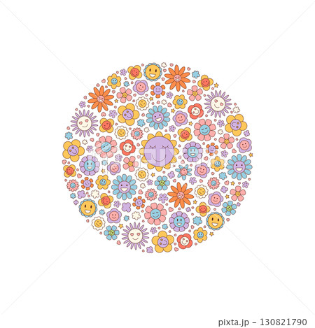 Groovy retro circle flower sticker in colorful and cute style. Happy daisy and smiley with floral concept, playful y2k background for trendy decor positive mood. Groovy retro circle flower sticker in colorful and cute style. Happy daisy and smiley with floral concept, playful y2k background for trendy decor positive mood. 130821790