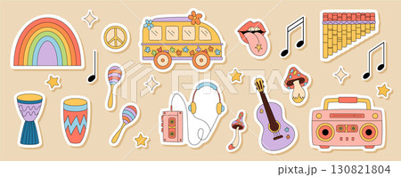 Groovy retro music party sticker set in colorful cartoon y2k style. Rainbow, mushroom, boombox, guitar, and playful groovy element in a fun set. Ideal for sticker collection, trendy party design, and 130821804