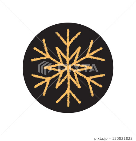Round label with snowflake lid graphic in a crayon style. Yellow snow flake design stands on a black background as winter decoration for holiday or christmas box packaging element. 130821822