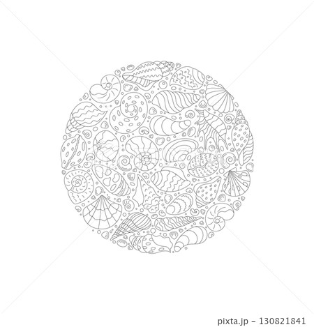 Round underwater marine sticker sketch in a circle. Seashell, scallop, and snail with ocean pattern. Artistic concept for aquatic design, doodle style perfect for decorative texture. 130821841