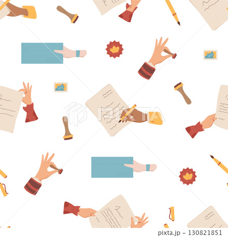 Flat mail seamless pattern background style. Letter and envelope with stamp, paper, pen, hand, seal. Pattern of hold and mail, creative stationery for background communication template. 130821851