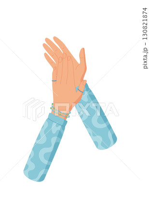 Flat raised hands gesture with cheerful clap in cartoon graphic style. Applause and celebration symbol of joy, unity, and recognition. Bright colorful art perfect for supporting appreciation themes. 130821874