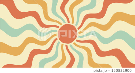 Groovy retro sun burst with sunshine in flat, wavy shapes. Background in orange and yellow, burst and y2k style give a playful look. Horizontal format for cool wallpaper. 130821900