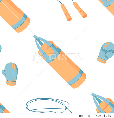 Flat seamless pattern with boxing gloves, ropes, and fitness equipment. Boxing tools for gym training and workout. Sport design for active lifestyle visuals. 130821915