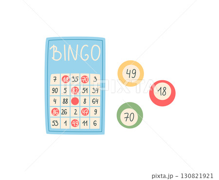 Cartoon bingo sticker game card in flat style. Bright bingo pieces and a numbered card set on a table. Fun and playful concept for boardgame party activity entertainment at home. 130821921