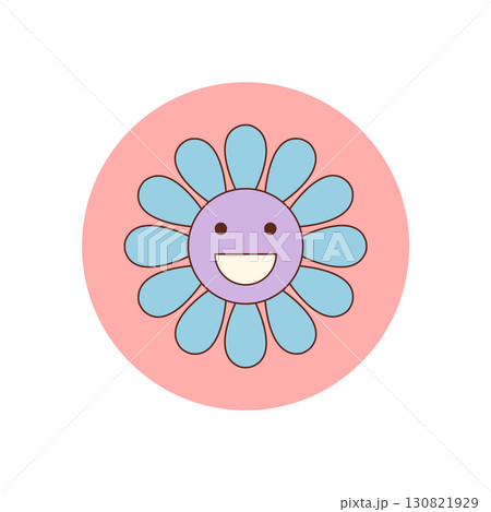 Groovy retro flower sticker with happy cartoon smile in a pink circle. Package seal and colorful lid with y2k vibe and cute style for playful packaging or cheerful product design. 130821929