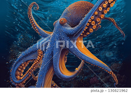 青いタコの写実色鉛筆画 深海を泳ぐ優雅な姿と鮮やかな背景 130821962