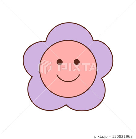 Groovy y2k flower icon in cartoon graphic style with a happy smile and cute pink color. Floral motif and groovy element bring playful retro charm as a positive, graphic symbol for contemporary pop 130821968
