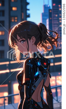 未来都市の夜景を背にした、美しくも力強い表情を浮かべる美少女サイボーグの姿 未来都市の夜景を背にした、美しくも力強い表情を浮かべる美少女サイボーグの姿 130822098