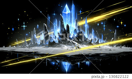 金色の光に包まれた幻想的な青いクリスタルの聖域イラスト 130822122