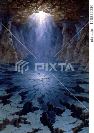 割れた地面と天井からの光が描かれた神秘的な洞窟風景 130822336
