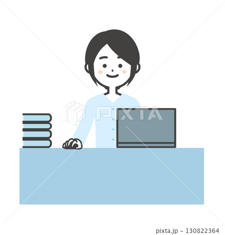 デスクでノートパソコンを使う女性イラスト 130822364