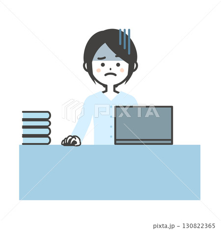 デスクでノートパソコンを使うどんよりした表情の女性イラスト 130822365