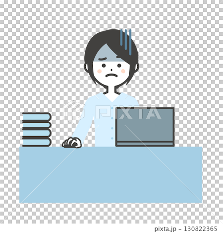 デスクでノートパソコンを使うどんよりした表情の女性イラスト 130822365