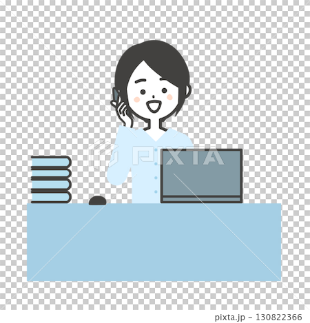 デスクでノートパソコンを使いながらスマホで話す女性イラスト 130822366