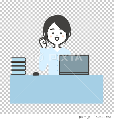 ガッツポーズをするデスクでノートパソコンを使う女性イラスト 130822368
