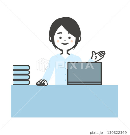 デスクでノートパソコンを使いながら手で指す女性イラスト 130822369