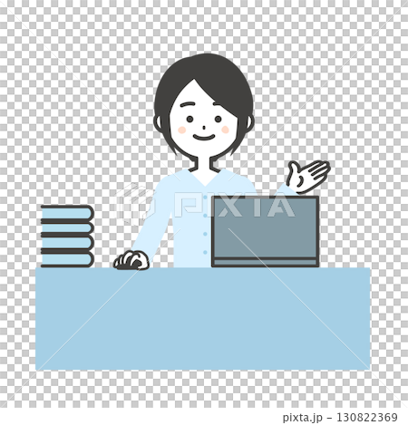 デスクでノートパソコンを使いながら手で指す女性イラスト 130822369