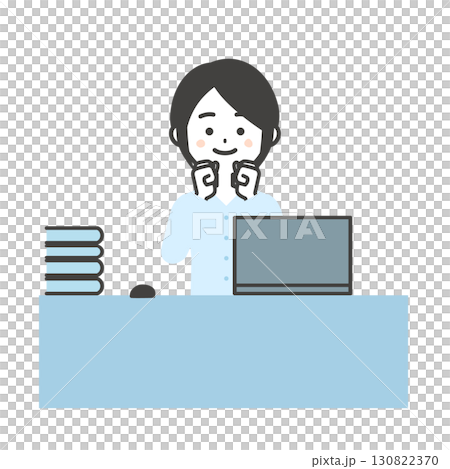 一位女士在辦公桌前使用筆記型電腦揮拳的插圖 130822370