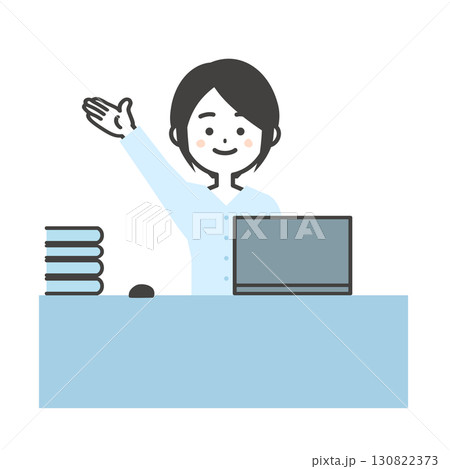 手で上のほうを指すデスクでノートパソコンを使う女性イラスト 130822373