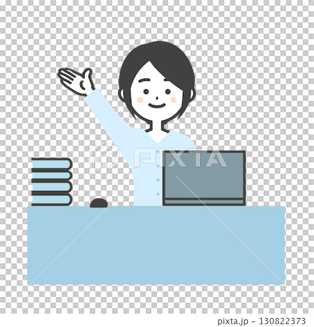 手で上のほうを指すデスクでノートパソコンを使う女性イラスト 130822373