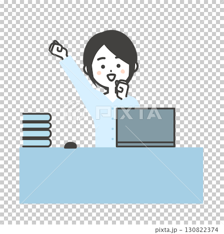 一位女士在辦公桌前使用筆記型電腦並舉起拳頭的插圖 130822374