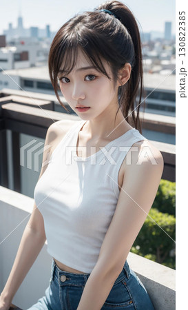屋上に立つ白いタンクトップのポニーテールの美少女 130822385