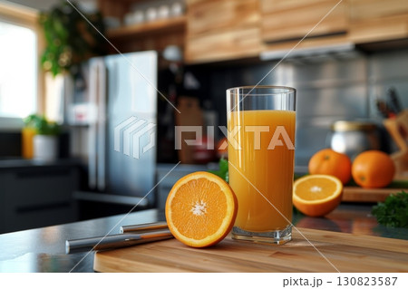 orange juice on wooden table. healthy and food concept. Generative AI 130823587