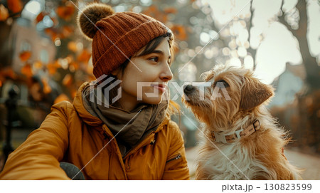 A fashion Woman and Her Dog in outdoor. 130823599