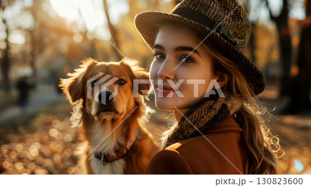 A fashion Woman and Her Dog in outdoor. 130823600