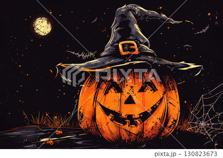 Halloween pumpkin with spiders and spiders web, ai generative 130823673