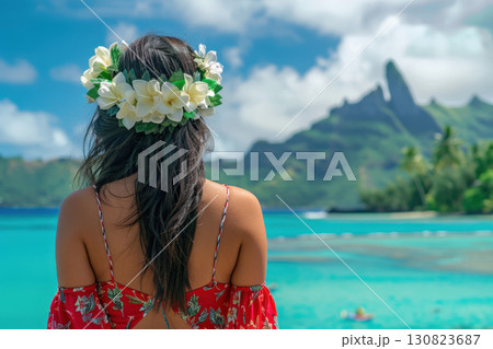 Back view woman Hawaii beach girl with crown . Generate AI Back view woman Hawaii beach girl with crown . Generate AI 130823687
