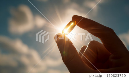 A person is holding a fish oil in their hand on sky background. 130823720