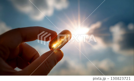 A person is holding a fish oil in their hand on sky background. 130823721