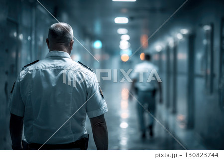 Security Guard Patrolling a Hospital Corridor with a Serious Demeanor 130823744