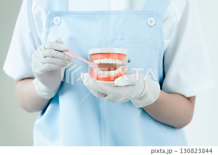 歯磨き指導をする歯科衛生士の手元 130823844