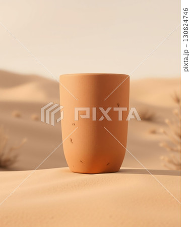 A simple, elegant terracotta pot sits on the desert sand with a blurred background. 130824746