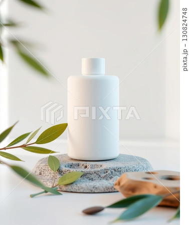 Minimalist product shot of a white bottle on a rock with green leaves, clean aesthetic Minimalist product shot of a white bottle on a rock with green leaves, clean aesthetic 130824748
