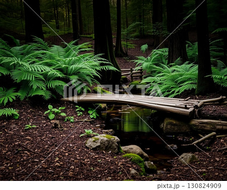 Enchanted Forest Stream Crossing: A Tranquil Wooden Bridge Scene 130824909