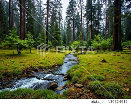 Serene Forest Stream Amidst Ancient Redwood Giants 130824911