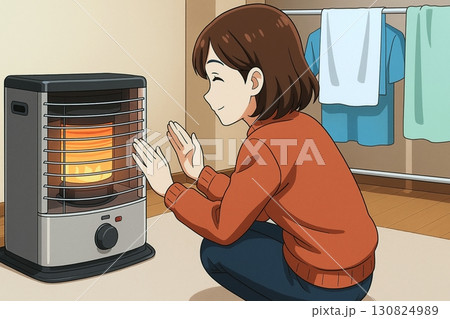 ストーブに手をかざす女性 130824989