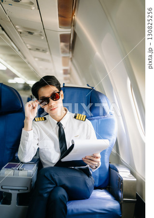 Asian Confident male pilot in uniform leaning at the passenger seat while standing inside of the airplane flight cockpit during takeoff and checking 130825256