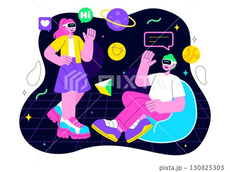 Metaverse Social Hangouts Illustration featuring People wearing VR Glasses and Exploring Future Innovations with Virtual Reality Communication 130825303