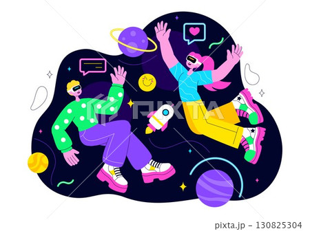 Metaverse Social Hangouts Illustration featuring People wearing VR Glasses and Exploring Future Innovations with Virtual Reality Communication Metaverse Social Hangouts Illustration featuring People wearing VR Glasses and Exploring Future Innovations with Virtual Reality Communication 130825304