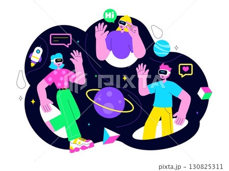 Metaverse Social Hangouts Illustration featuring People wearing VR Glasses and Exploring Future Innovations with Virtual Reality Communication 130825311