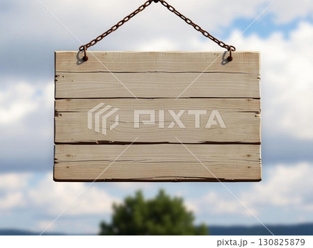 Rustic Wooden Sign with Chain Hanging Outdoors 130825879