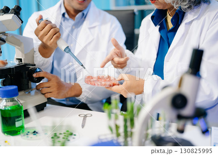 Food scientists in lab coats, testing samples, and analyzing food safety and quality in a modern laboratory Food scientists in lab coats, testing samples, and analyzing food safety and quality in a modern laboratory 130825995