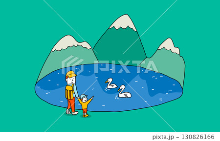 大自然　山々が水面に映りこむ湖で白鳥を見ている親子のイラスト 130826166