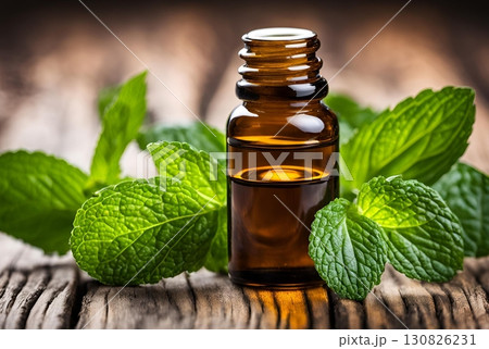 A small glass bottle of pure peppermint essential oil, surrounded by fresh green leaves, symbolizing natural health, wellness, and a refreshing aroma. AI Generated 130826231